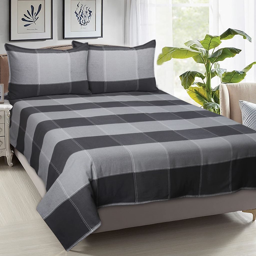AIRWILL, 200GSM Handloom Cotton Double Bedsheet with 2 Pillow Covers, 4-Way Dobby Checked Designer Weaved Grey Combo - Pack of 3 pcs view 2