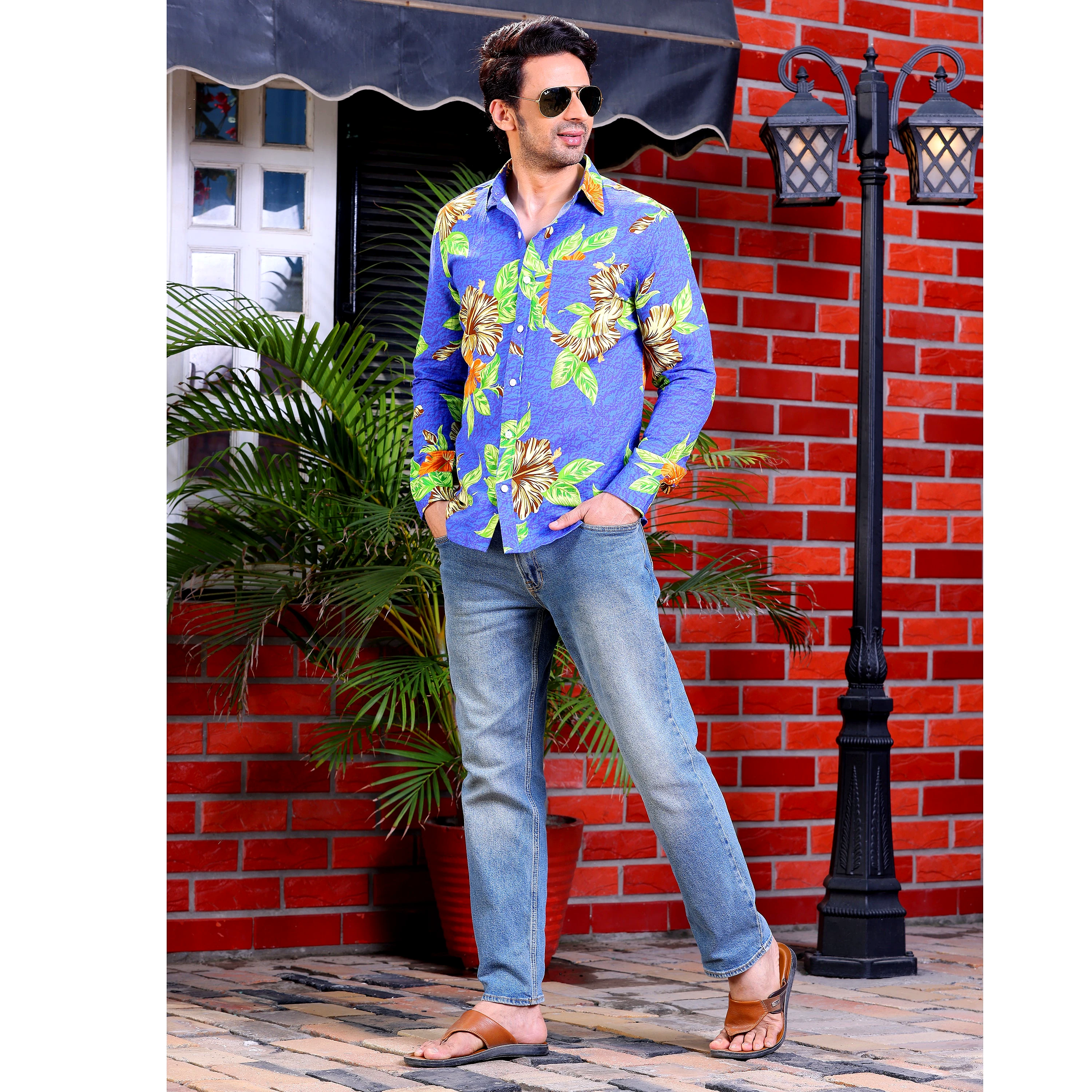 Hibiscus Flower Cobalt Blue Casual Pure Linen Full Shirt (Size - L) by BLUE EAGLE view 2