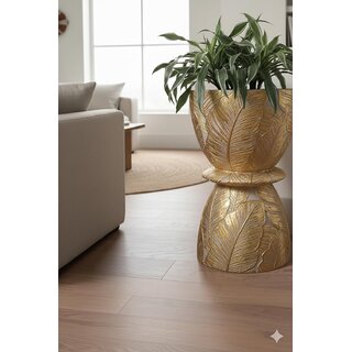 Decorative Plant Pot, Gold Leaf Pattern, Hourglass Shape, Modern Indoor Planter with Pedestal Base, Ceramic Home Decor view 2