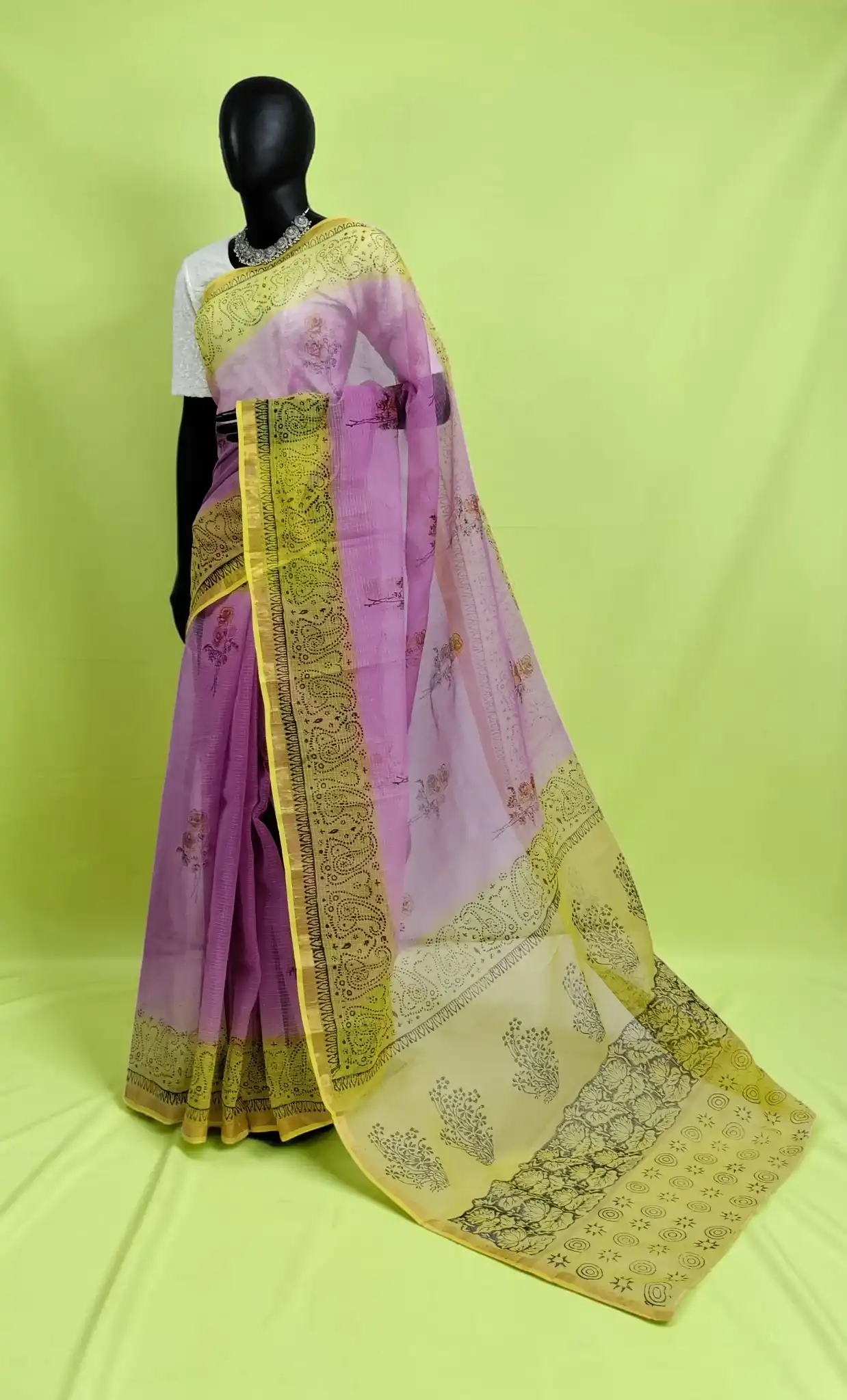 Kota Doria Cotton-Silk Saree, Block Print with Bright Yellow Border view 2