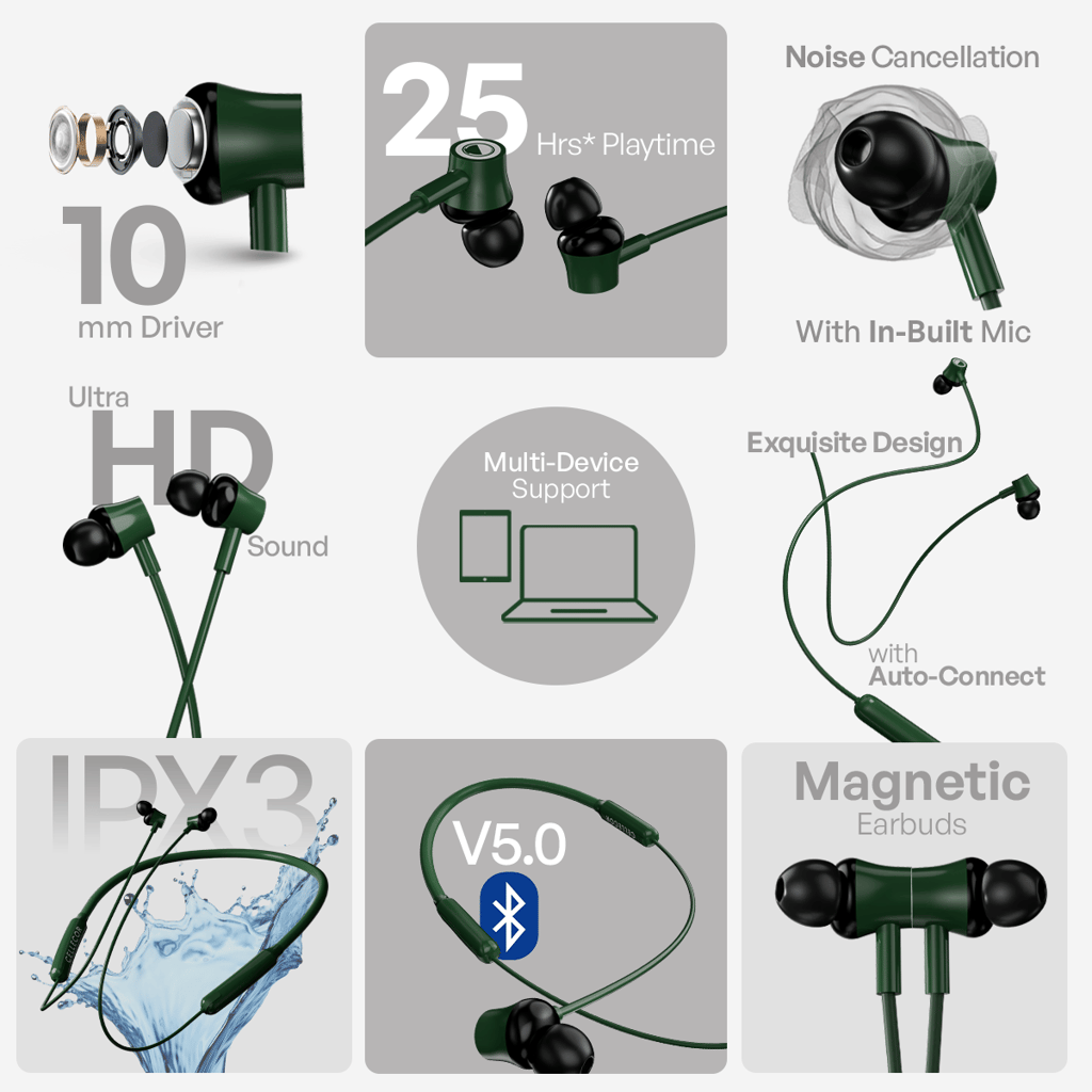 Cellecor NK-3 Wireless Waterproof Neckband with 25 Hrs playtime Headphone Bluetooth - Green view 2
