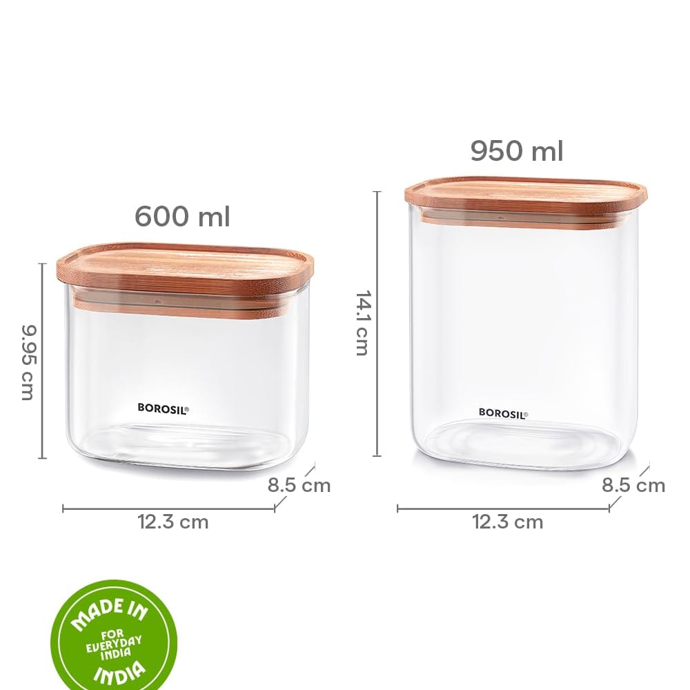 Borosil 2pc Storage Jar Set with Bamboo Lid (600ml + 950ml) | Made in India Borosilicate Glass Dishwasher Safe Container for Kitchen | Multipurpose Kitchen Organizer for Cookie & Dals view 2