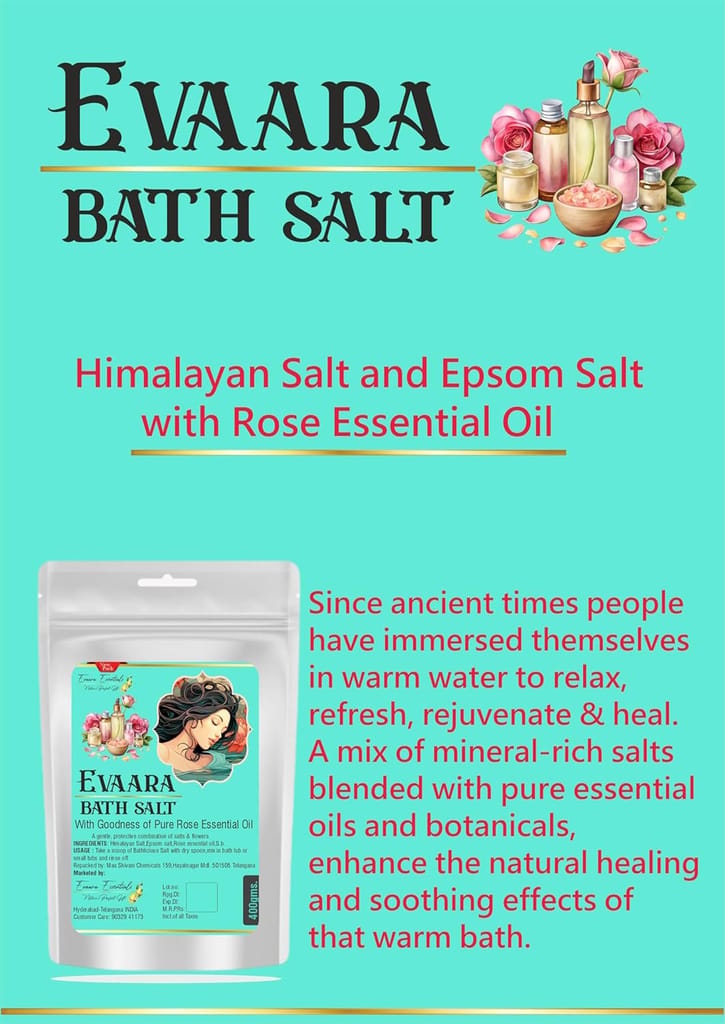 Evaara Essentials | Bath Salt with Pure Rose Essential Oil, Himalayan and Epsom Salt Blend view 2