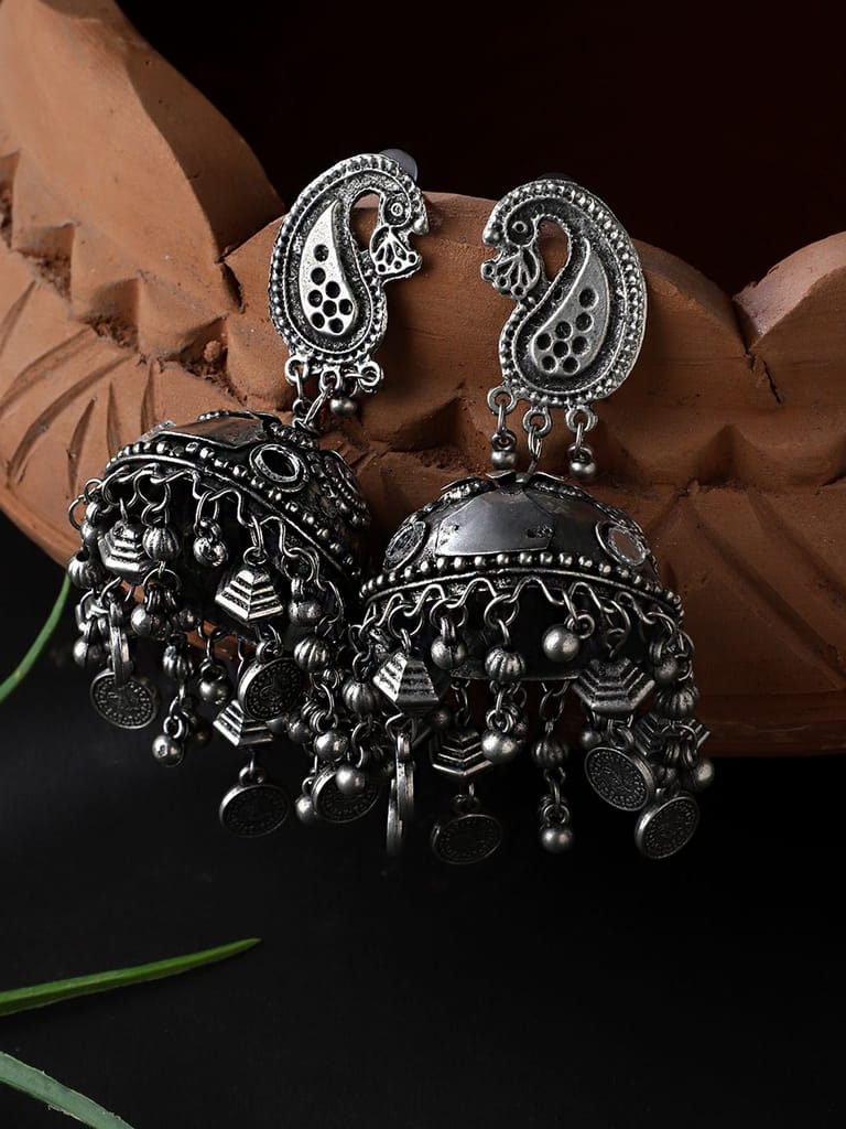 Cardinal Oxidized Silver Color Stone Antique Light Weight Jhumki Earings view 2