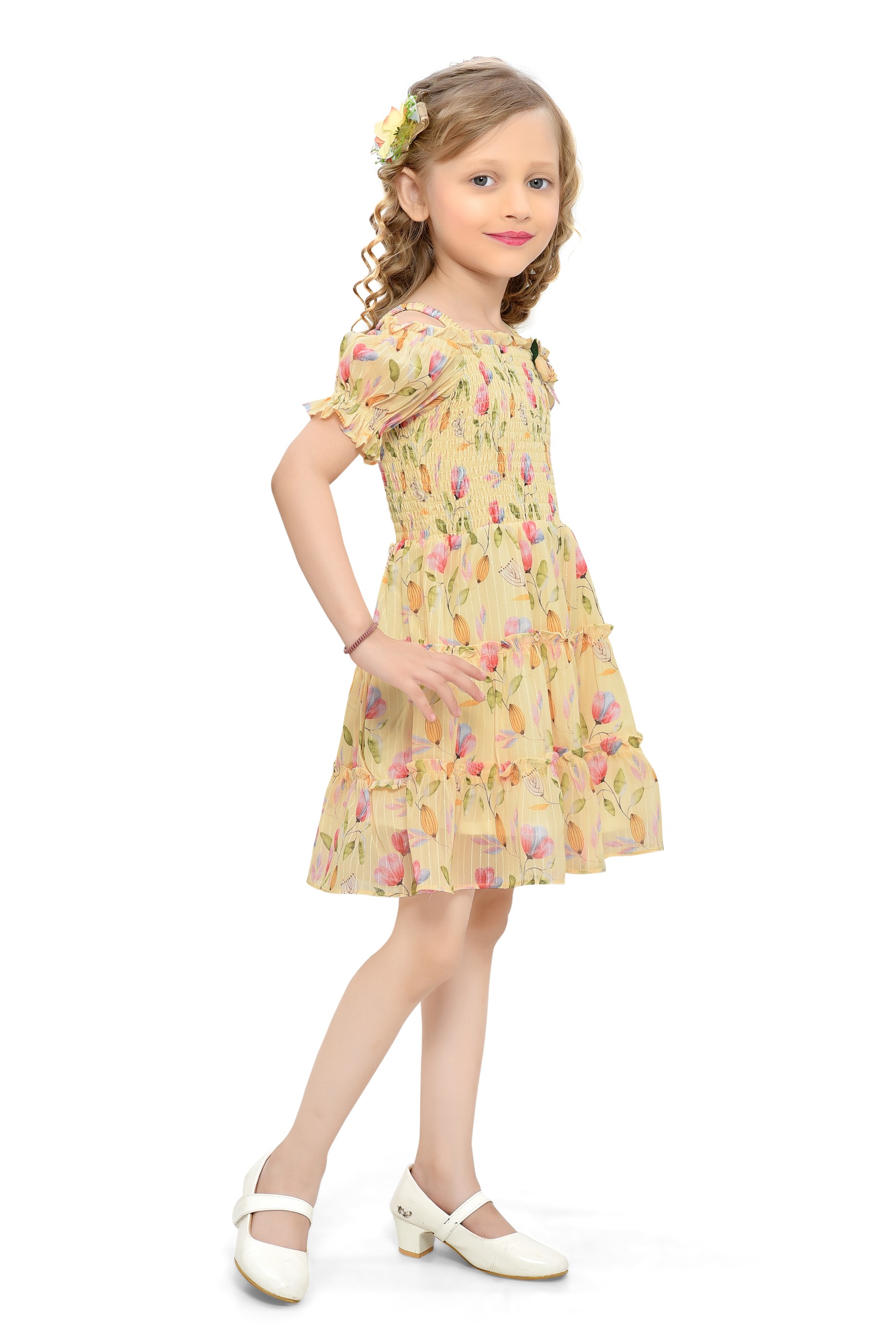 Be:Kids Blossom Bliss Yellow Floral Smocked Dress with Puff Sleeves view 2