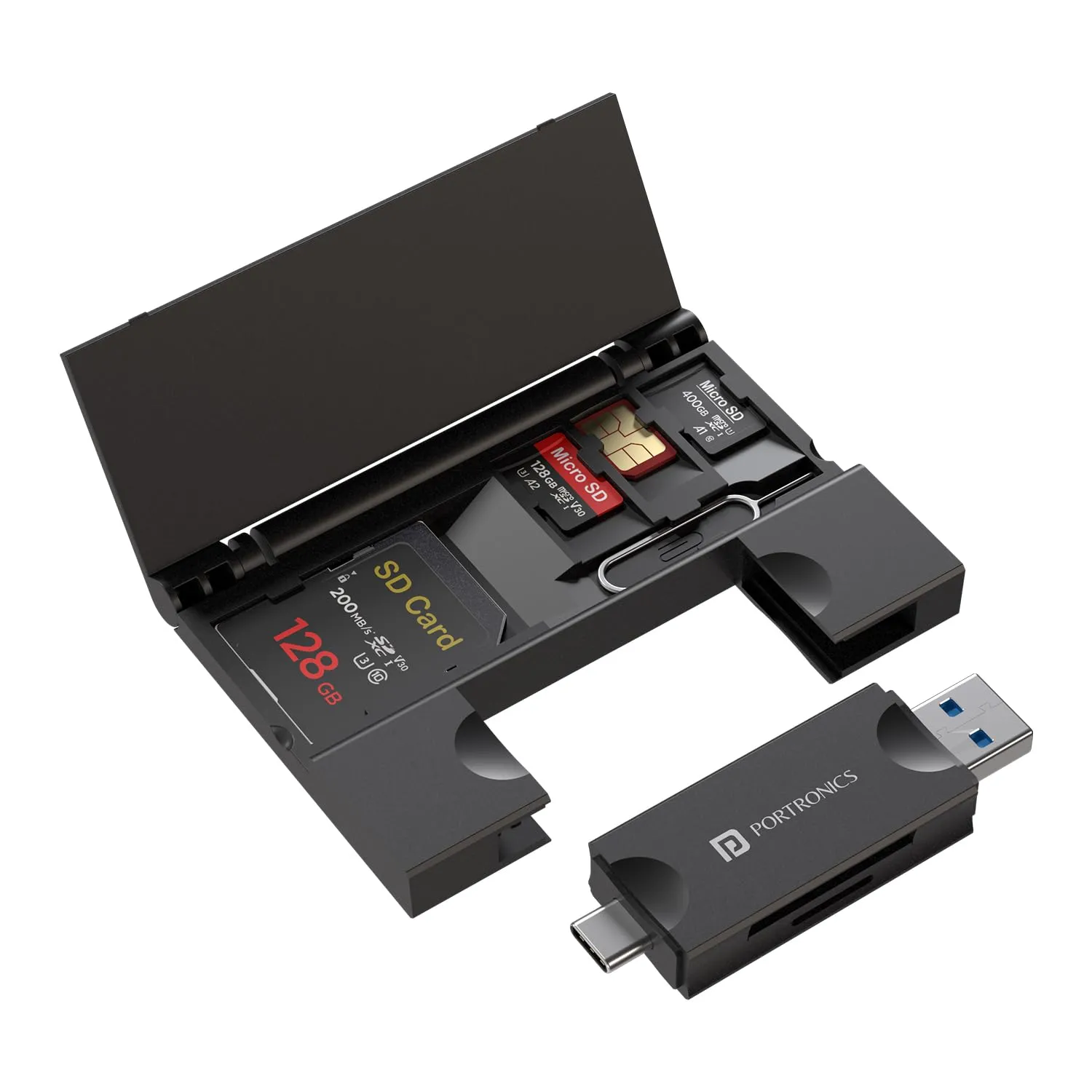 Portronics Mport 30 Plus USB 3.0 & Type-C SD Card Reader with Built-in Storage Case | Dual USB-A & USB-C OTG Memory Card Reader for SD, microSD, TF Cards | SIM Card Holder & SIM Ejector Tool Storage | High-Speed Data Transfer | Compatible with Laptop, PC, MacBook, Android view 2