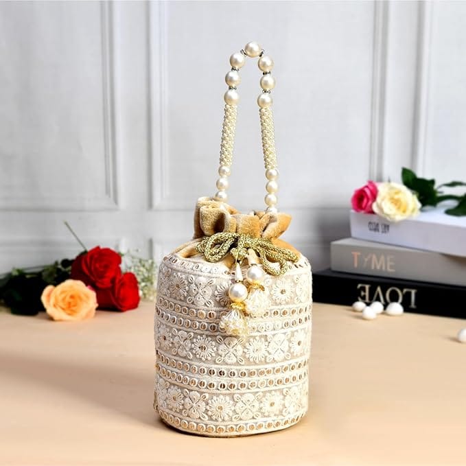 Cream Potli Bag With Pearl Handle view 2