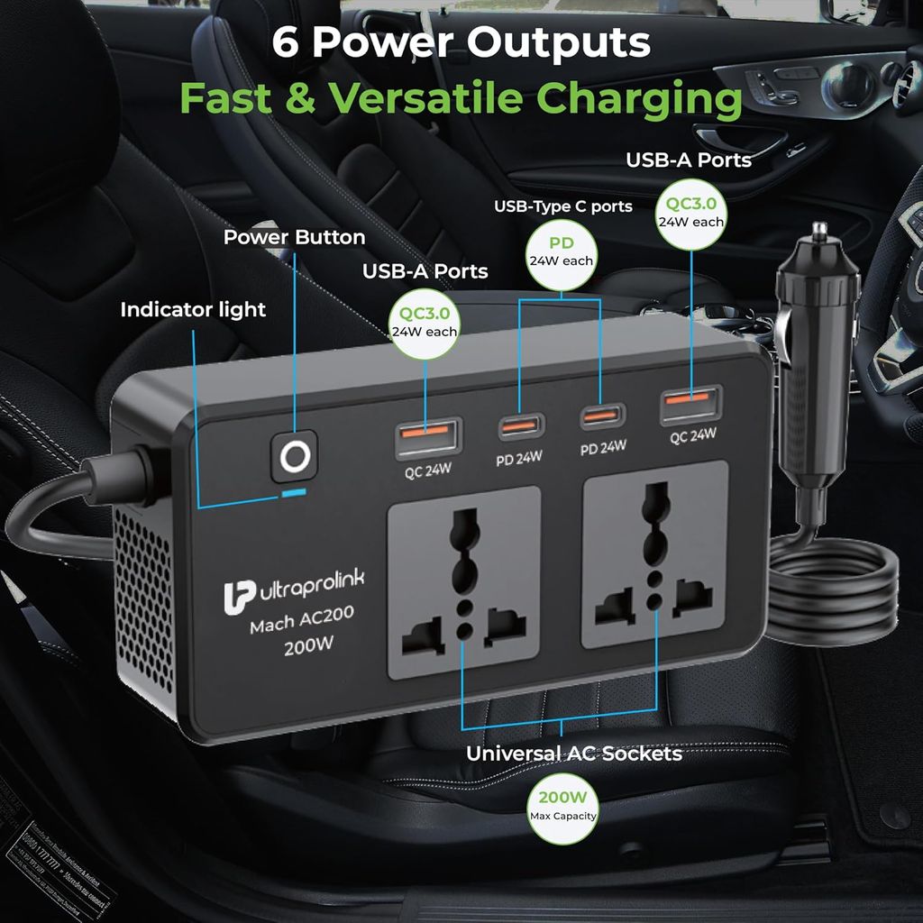 ULTRAPROLINK 6 in 1 200W Car Laptop Charger view 2