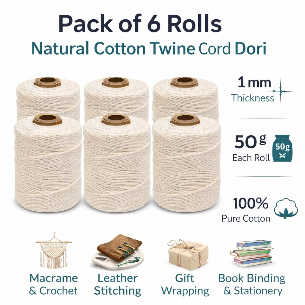 Cotton Twine String Roll – Pack of 6 Spools (1 mm, 50 Grams Each) | Natural Cotton Twine Cord Dori for Macrame, Crochet, Knitting, Leather Stitching & Stationery Use | Off White view 2