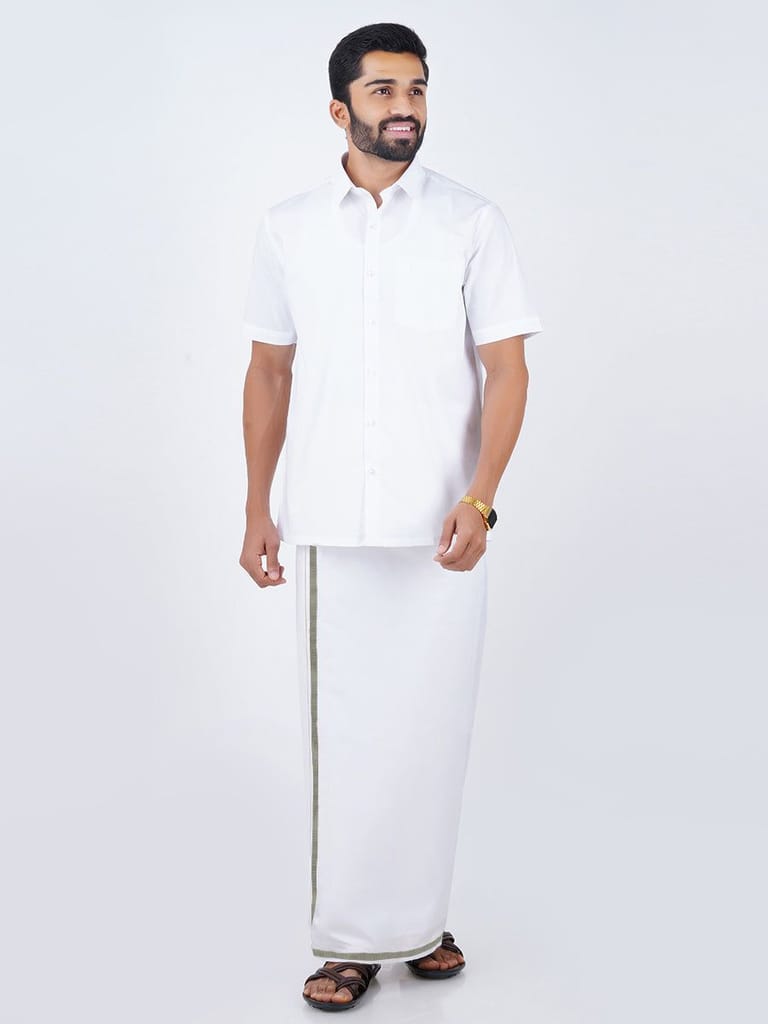 Mens Cotton White Shirt Bit with 1/2" Silver Jari Dhoti Combo Noble view 2