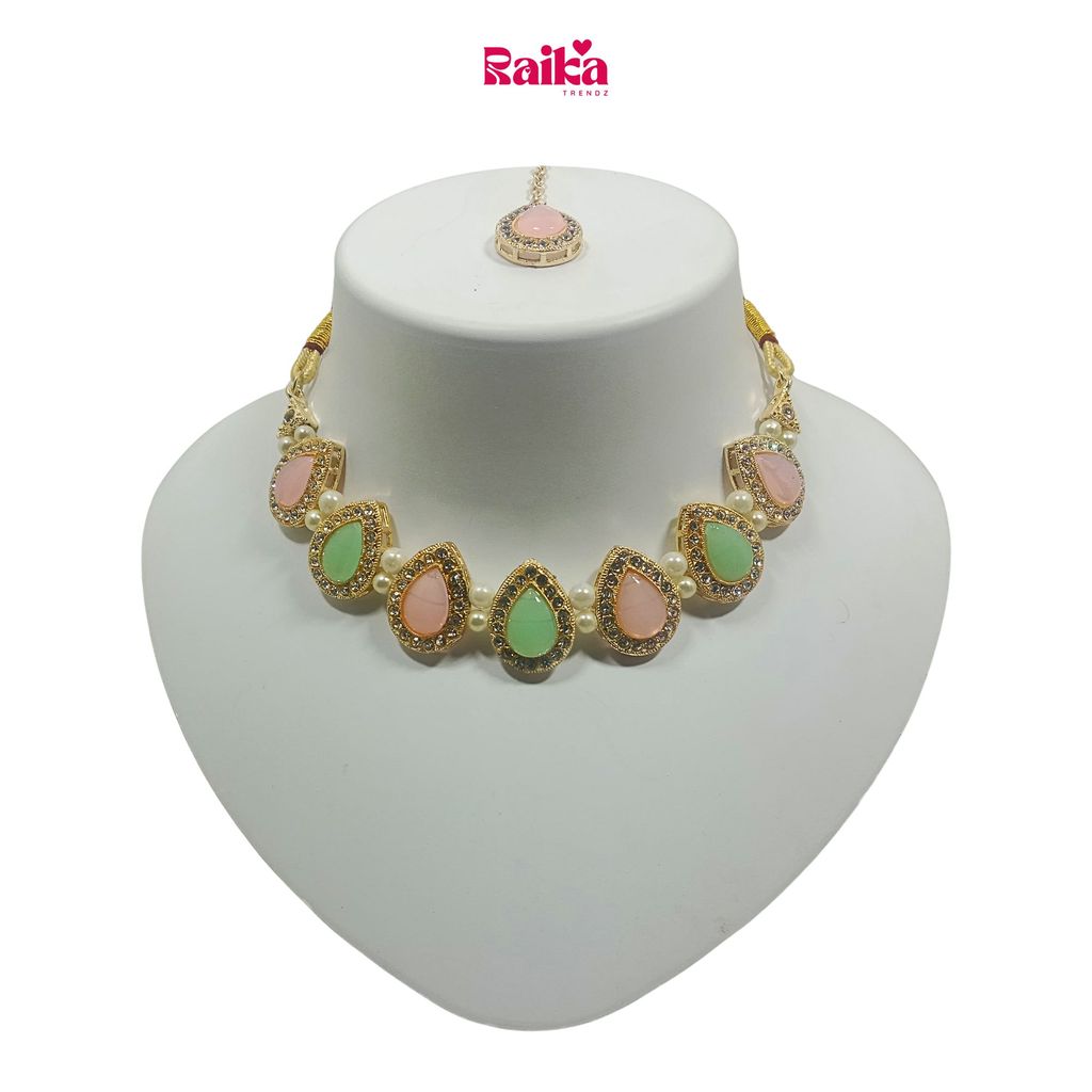 RAIKA - Luxury Handcrafted Gold Plated Necklace Jewellery Set with Earrings And Mangtika Suited for Party Wedding Festive for Women view 2