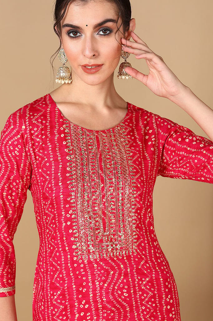 Plus Size Pink Viscose Rayon Bandhani Embroidered Straight Kurta VCK9622 view 2