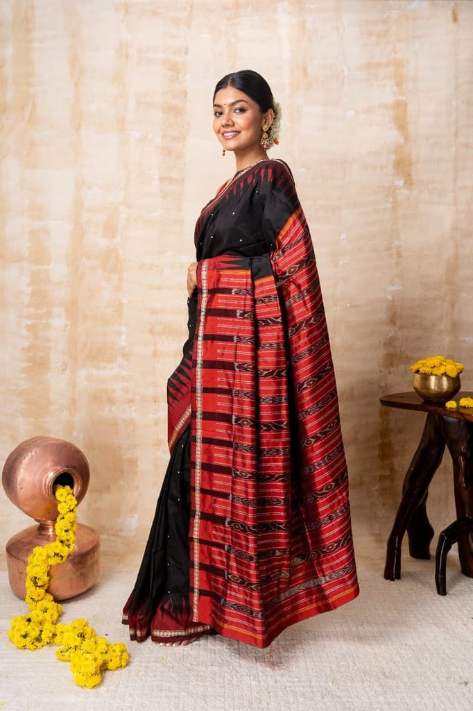 Black & Red Ikkat Silk Saree view 2