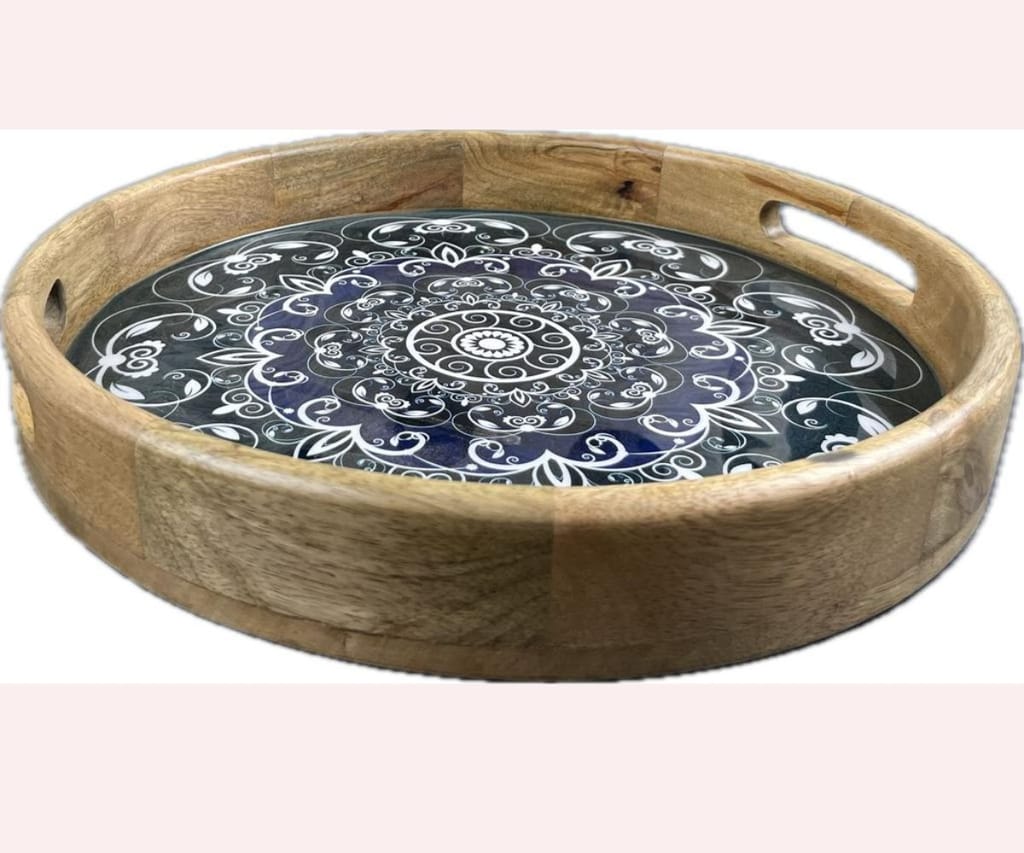 Wooden Tray Round Resin Coated Green Mandala Graphics view 2