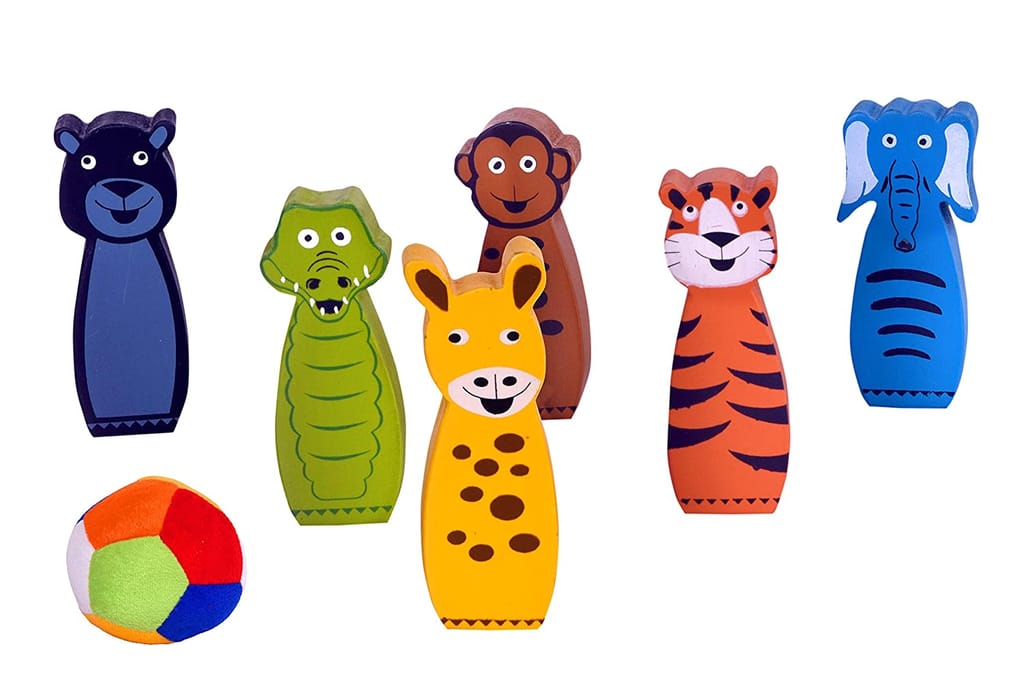 Desi Toys Bowling Game for Kids | Jungle Animal Themed | Multicolor | 6 Pins & 1 Soft Ball | Wooden Pins | Classic Indian Games | Fun Indoor Game | for Toddlers | Made in India view 2