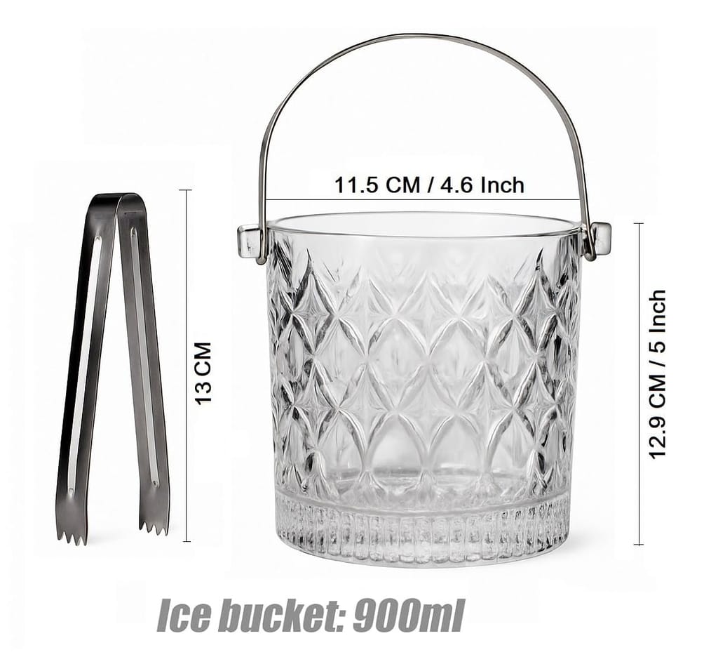 Glass Ice Bucket with Steel Handles and Tong, 980 ML, Elegant Diamond Texture, Perfect for Parties and Bar Setups, Easy Use and Classy Presentation, 1 Set view 2