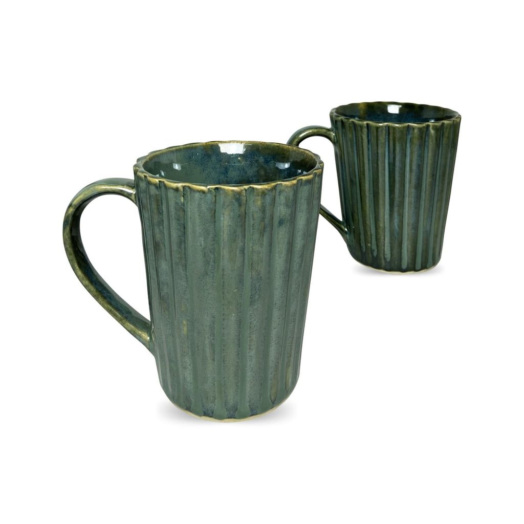 Ceramic Dining Studio collection Emerald Green Glazed Linear Coffee Mugs Set of 2 view 2