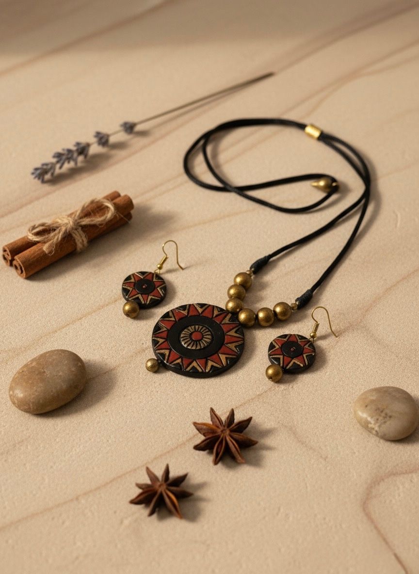 Handcrafted Terracotta Red and Black Necklace & Matching Earrings Set view 2