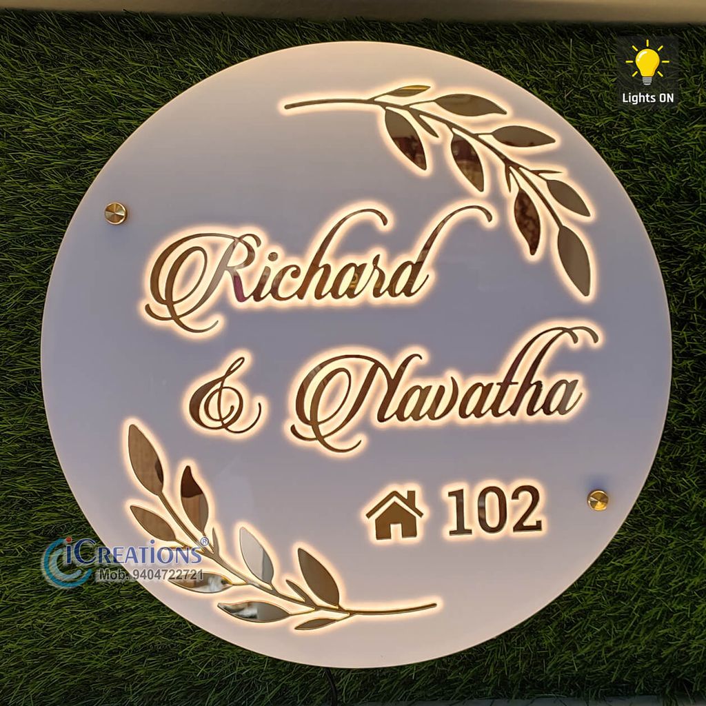 iCreations Personalized Round Shaped Acrylic Name Plate with LED Lights For Home Entrance (12 inch diameter)