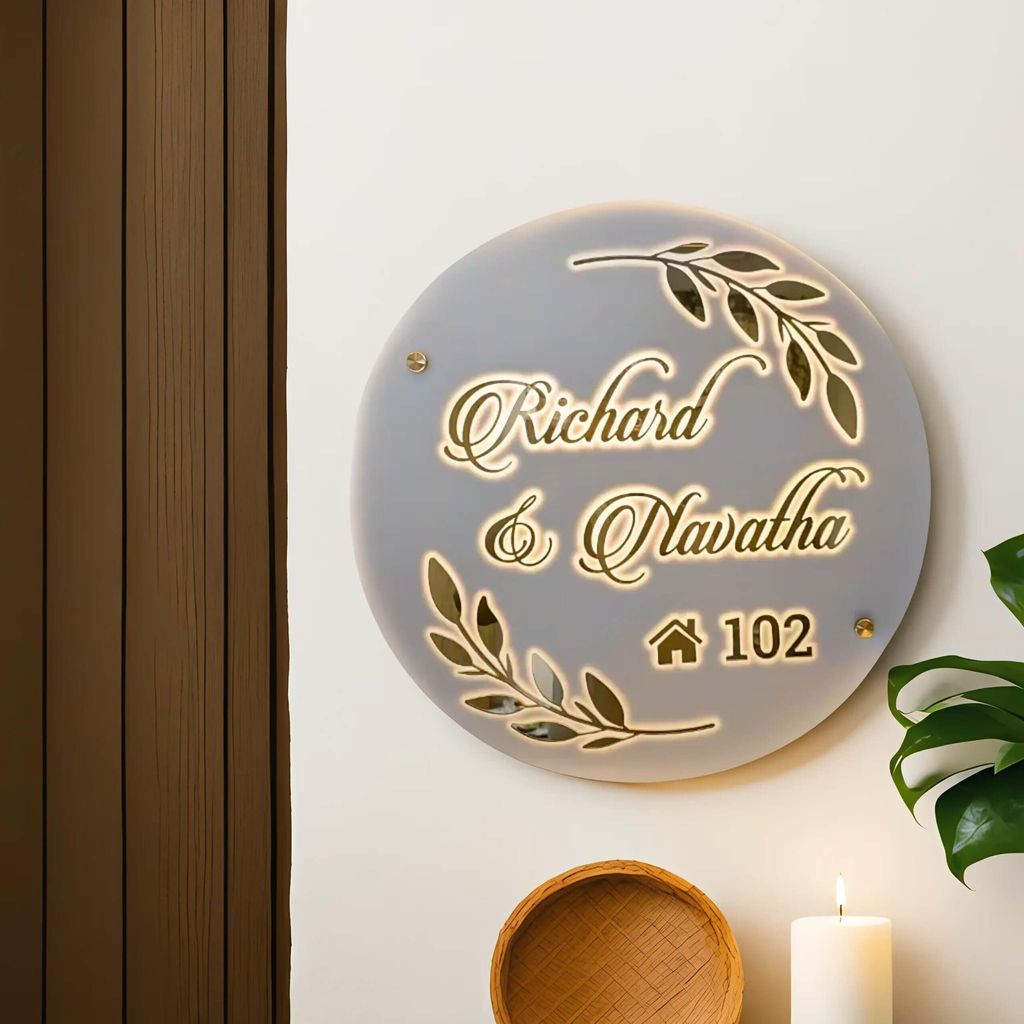 iCreations Personalized Round Shaped Acrylic Name Plate with LED Lights For Home Entrance (12 inch diameter) view 2