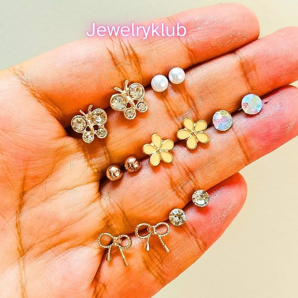 Jewelryklub Combo Set Of 7 Pairs Celebrity Inspired Latest Trendy Stylish Rose Gold Plated Pearl Stud Earrings for Women and Girls (Design 5) view 2