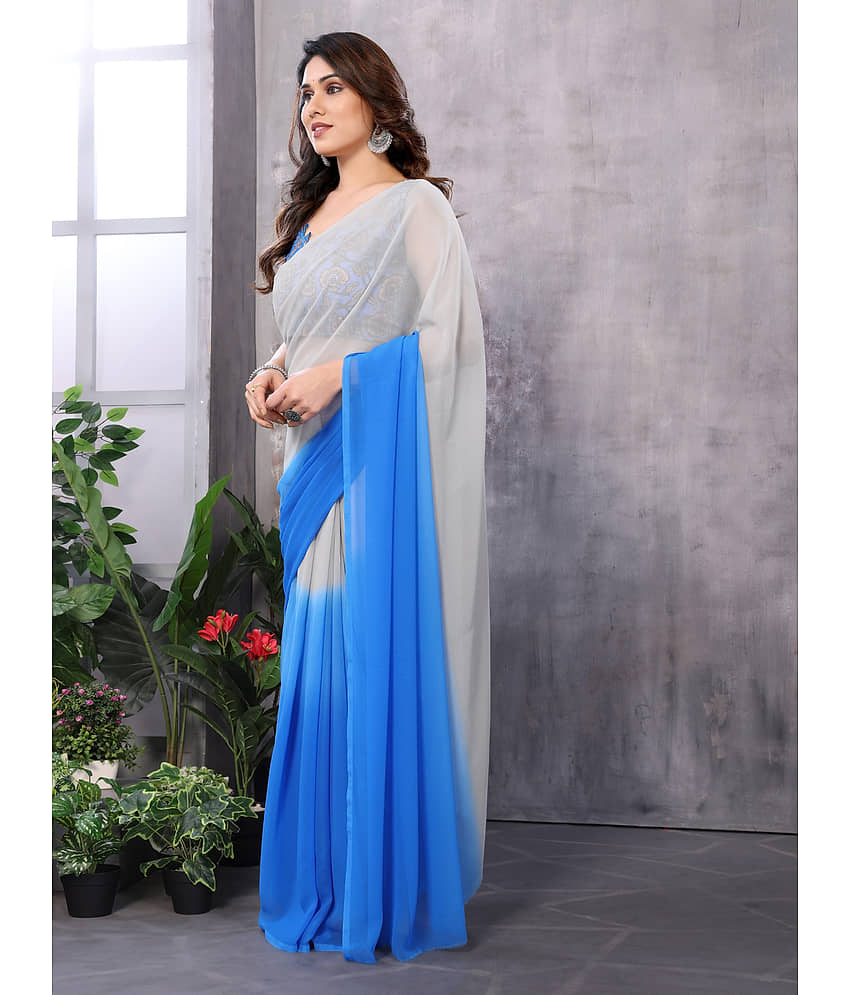 BLEESBURY Georgette Dyed Saree With Unstitched Blouse Piece ( Blue ) view 2