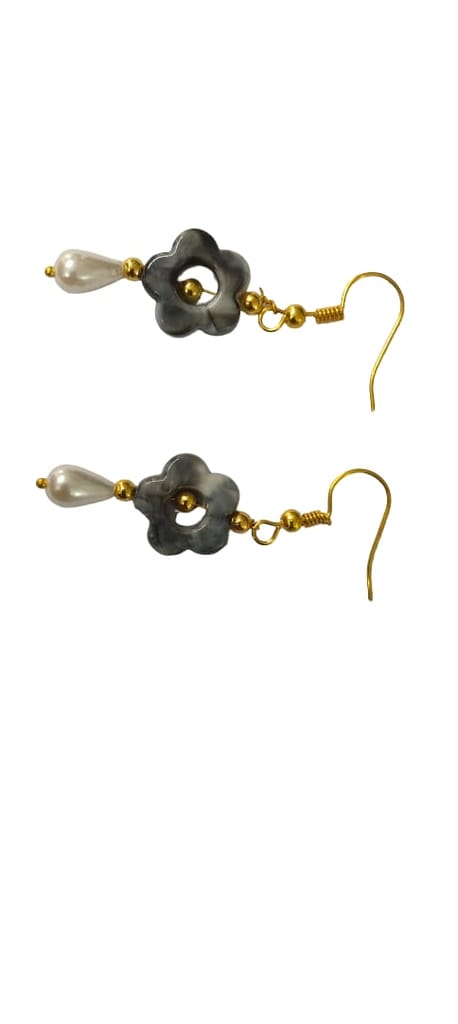 Grey Flower & Pearl Drop Earrings - Elegant Jewelry view 2