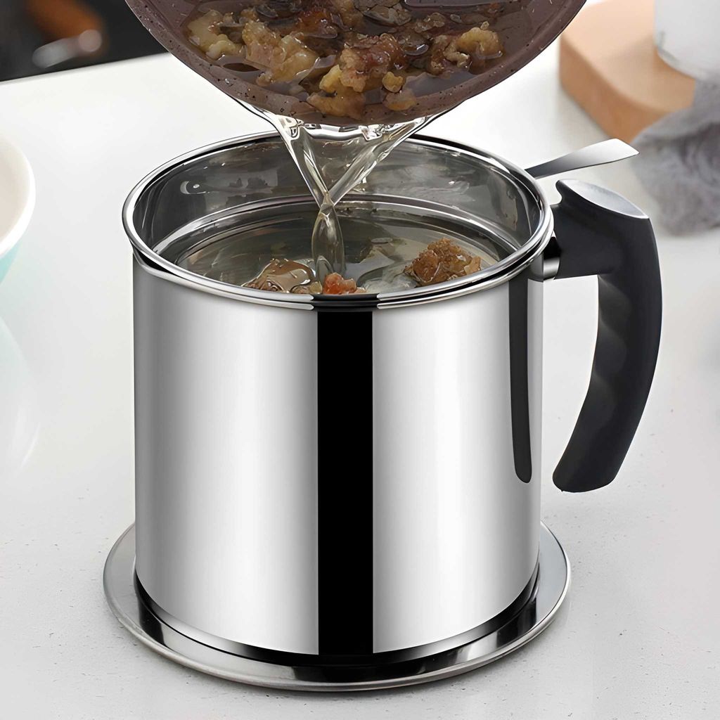 Heavy Duty Stainless Steel Oil Strainer Pot | Cooking Oil Storage Container with Removable Fine Filter | Reusable Grease Can with Lid & Heat-Resistant Handle | Kitchen Oil Filter & Storage Container (Original) view 2