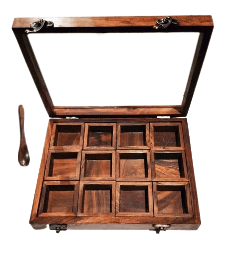 Homefrills Rectangle Spice Box with Spoon in Sheesham Wood Multi-Utility Storage,Masala Dabba,Spice Rack,Masala box,Masala Spice Jars Container for Kitchen (12 Containers, Removable, Brown) view 2