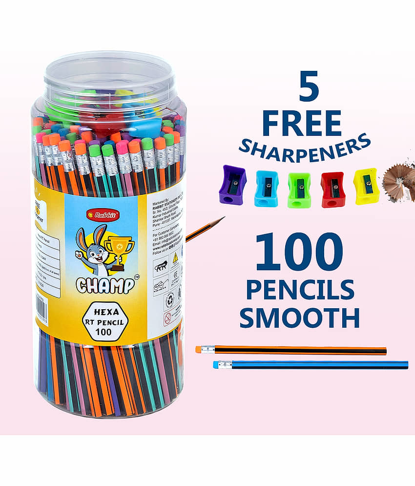 Rabbit Mini Art & Stationery Kit for Kids – Pencil Jar (100), Tempera 6 Colors, 12 Mini Sketch Pens with free 5 Sharpeners | Ideal Drawing & Coloring Set | Perfect Birthday Return Gift for Boys & Girls view 2