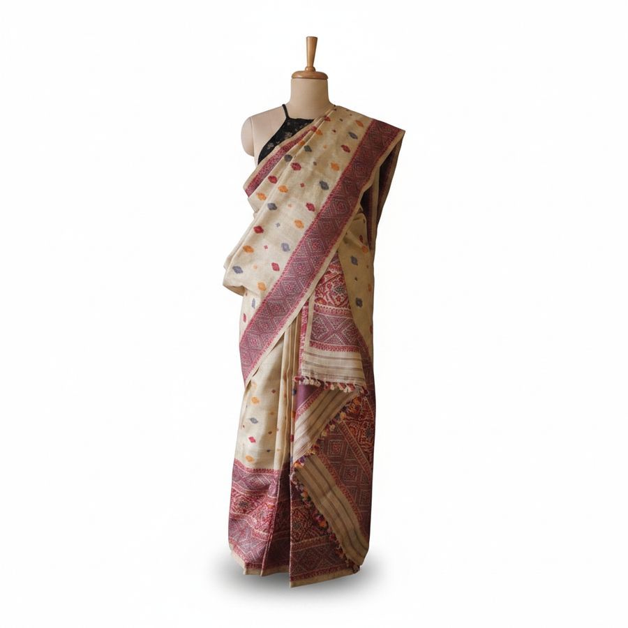 Hand-Woven Traditional Cotton Saree with Maroon Border view 2
