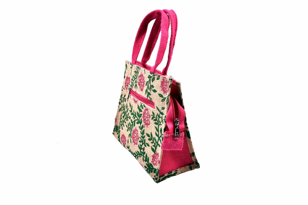 Stylish and Trendy Jute Bag with Floral Print and Zipper Closure view 2