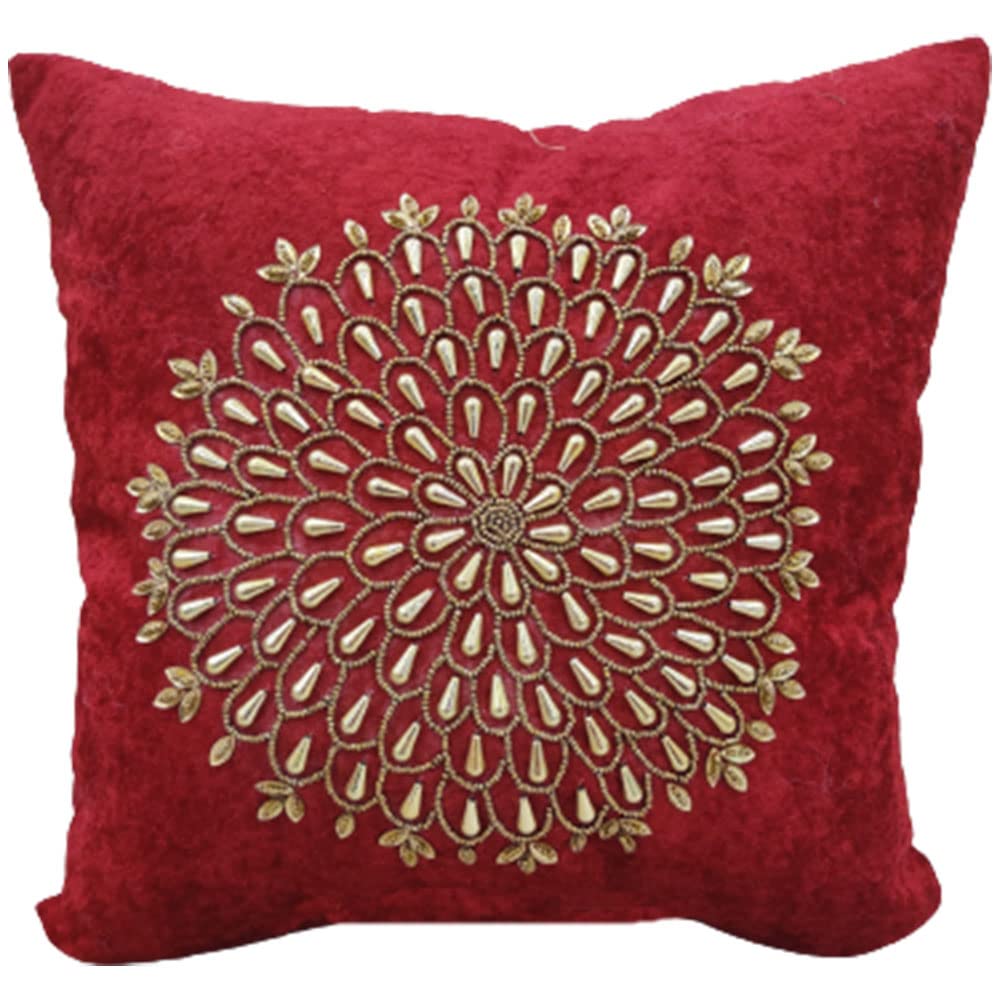 Suede Maroon Set of 2 Ethnic Beaded Embroidered Square Combo Cushion Covers for Sofa Home Bedroom (16x16 inch or 40 x 40 cm) view 2