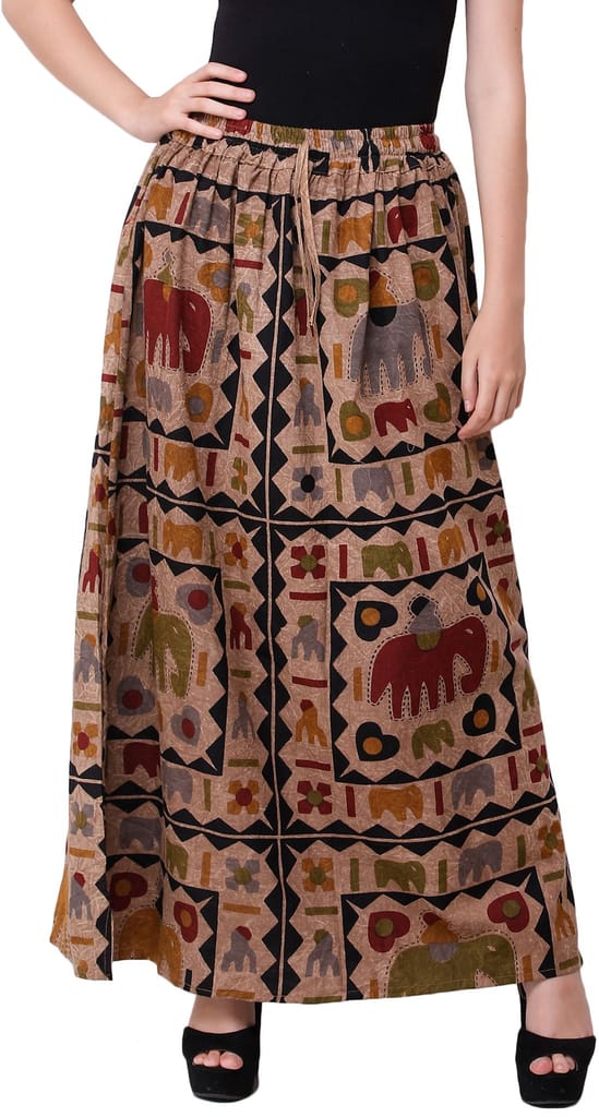Nougat Stone-Washed Long Elastic Skirt with Printed Elephants view 2