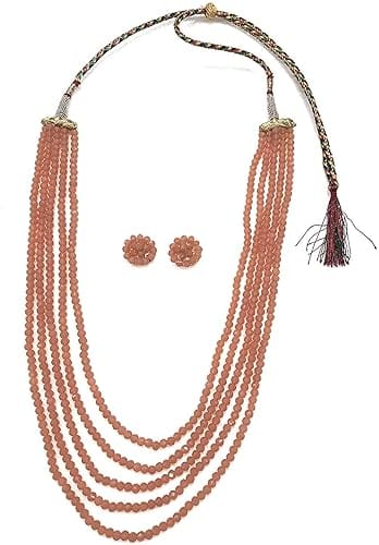 A V FASHION INDIA - Semi Precious Gemstone Peach Crystal Stone Beads 5 Layer Necklace With Stud Earring Multi Strand Peach Colour 16" Mala for Girl and Women Fashion Jewellery view 2