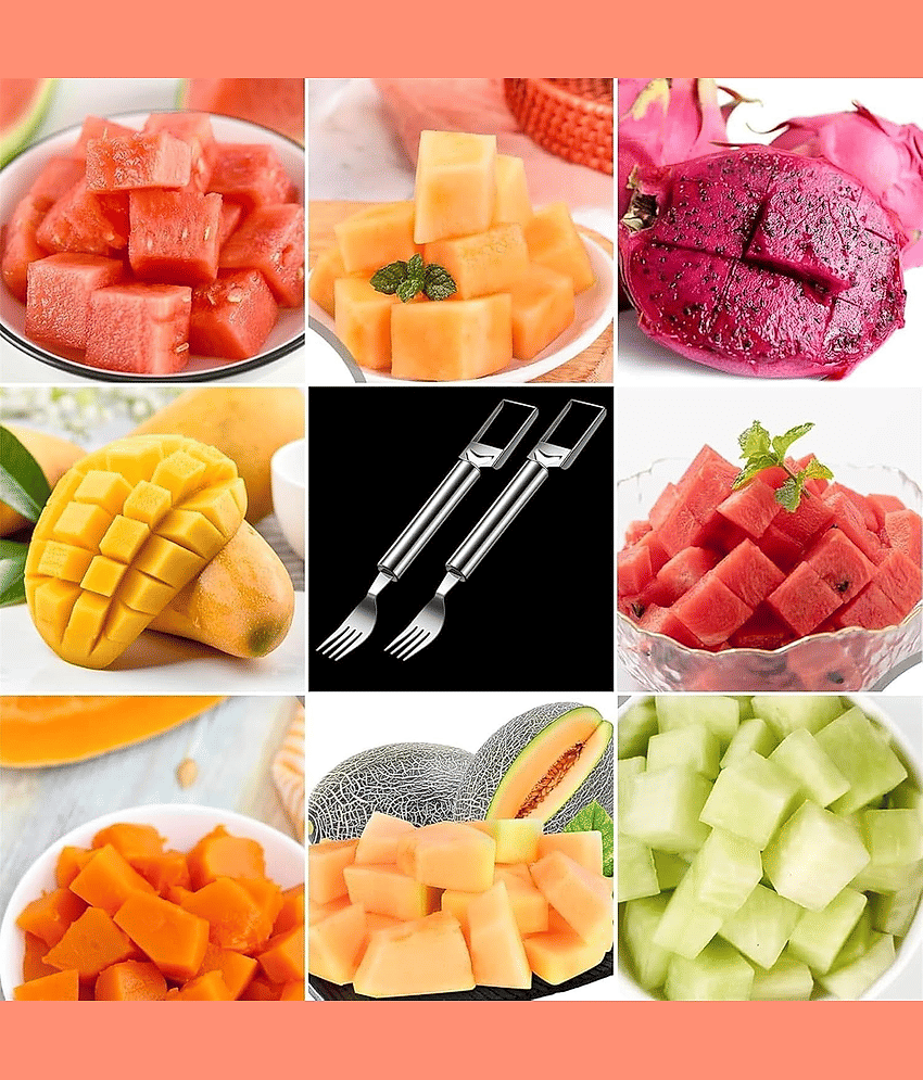 Watermelon Fork Cutter Slicer Tool, 2-in-1 Stainless Steel Fruit Cutter Melon Slicer Cutter Tool, Watermelon Cutting Tool for Home Party Camping Kitchen Gadget view 2
