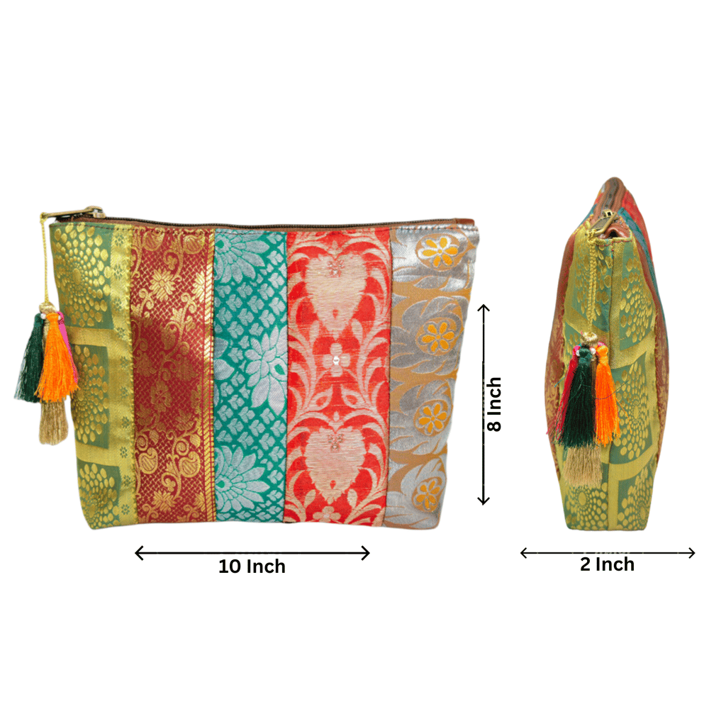 PRASHU Recycled Brocade Fabric Patchwork Pouch Makeup, Travel, Gifting, for Women and Girls view 2