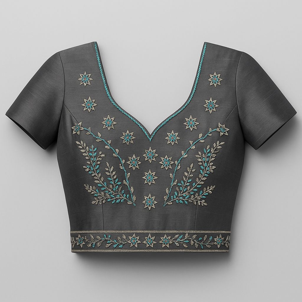 Elegant Dark Grey Silk Blouse with Intricate Floral Embroidery