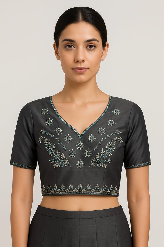 Elegant Dark Grey Silk Blouse with Intricate Floral Embroidery view 2