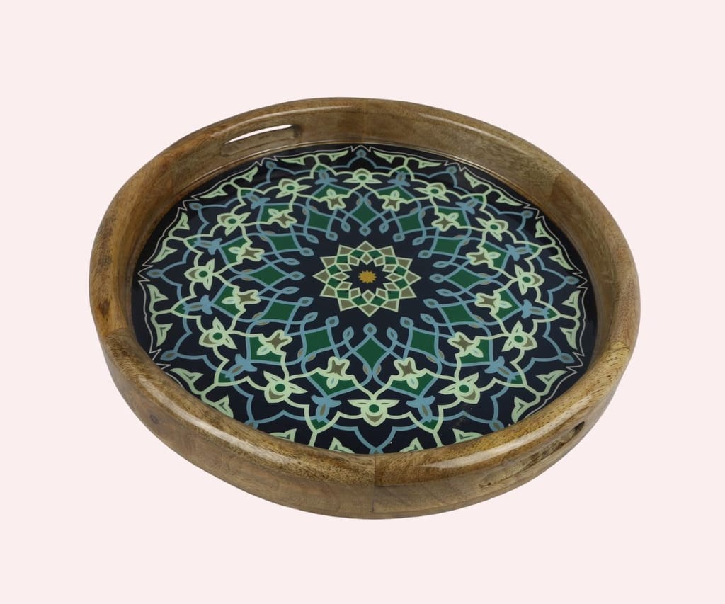 Wooden Tray Round Resin Coated Blue Mandala Graphics view 2