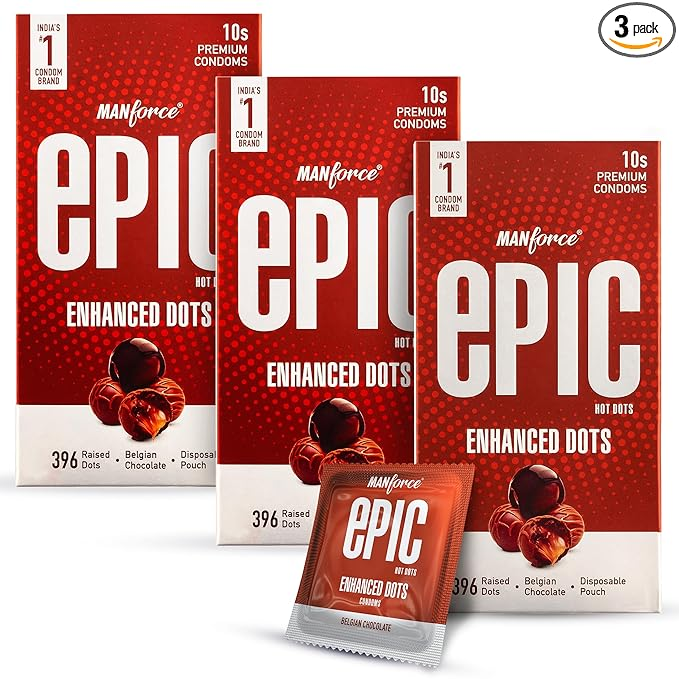 Manforce Epic Hot Dots Enhanced Dotted Premium Condoms For Men With 396 Raised Dots Belgian Chocolate Flavour Disposable Pouch10count x Pack of 3