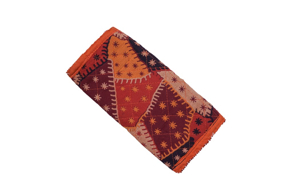 3 Fold Handmade Purse Cotton, Sponge & Bid Work Small Orange with Design (PVTG) view 2