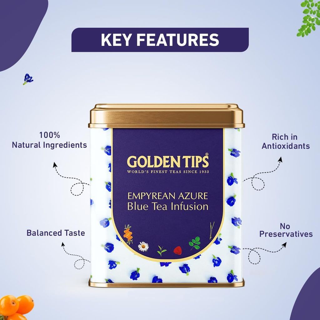 Golden Tips Tea Empyrean Azure - Herbal Tea Infusion- Tin Can (100gm - 50 cups) Low Caffine- Herbals for Detox, Sleep & Skin view 2