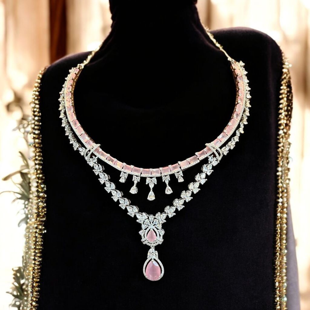 Exquisite Pink and White Cubic Zirconia Necklace Set By Dia Art Jewels view 2
