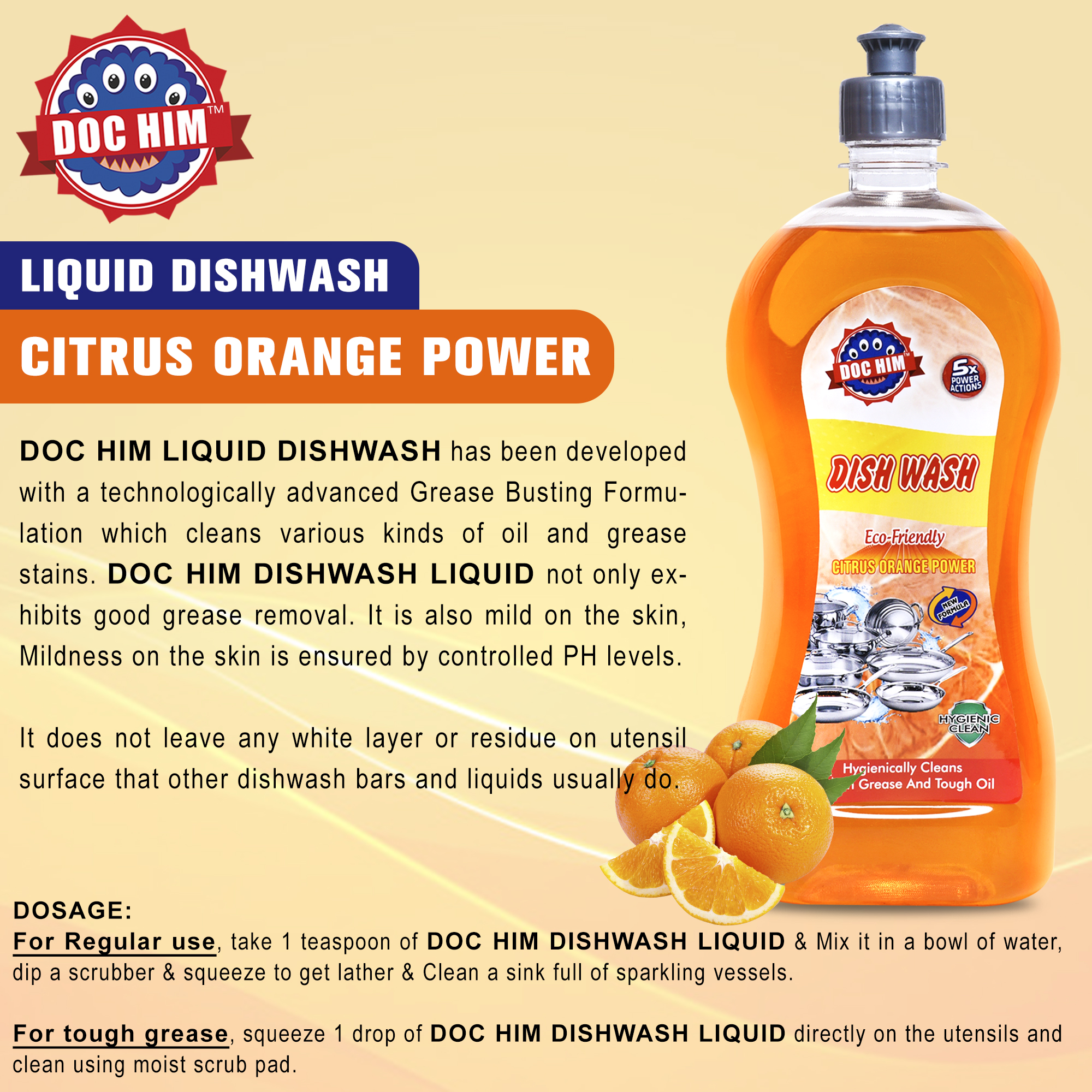 Doc Him Orange Dish Wash Liquid 1 Litre | Powerful Grease Removal, Long-Lasting Fresh Shine | Pack of 10 view 2
