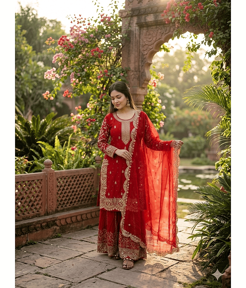 BHAGYASHRAY Women Silk Embroidered Straight Kurti With Patiala Salwar ( Maroon )
