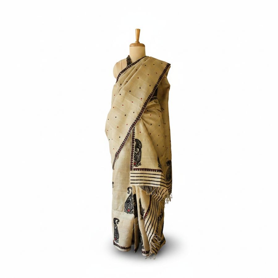 Traditional Beige Block-Printed Saree view 2