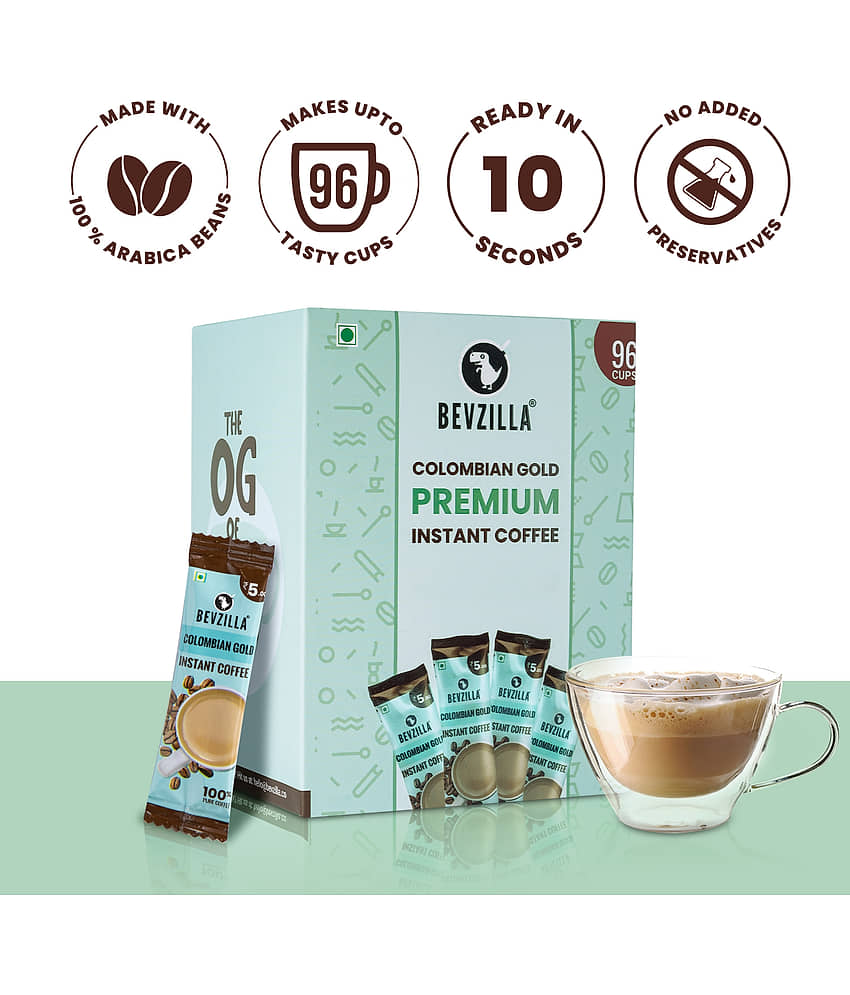 Bevzilla 96 Instant Coffee Powder Sachets (Colombian Gold) - 192 Grams| Hot & Cold Coffee| Makes 96 Cups| 100 % Arabica view 2