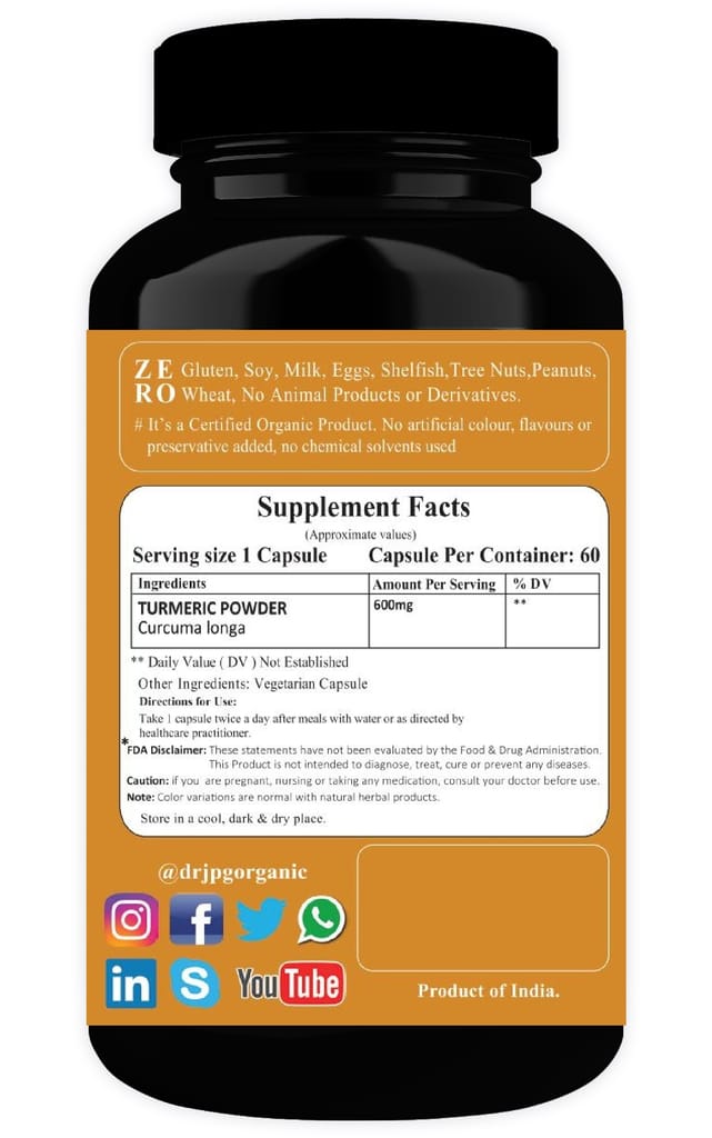 Dr JPG Organic Herbals Turmeric Capsules For Skin Wellness & Joint Pain 60 Veg. Capsules | INDIA ORGANIC Certified (Pack Of 1) view 2