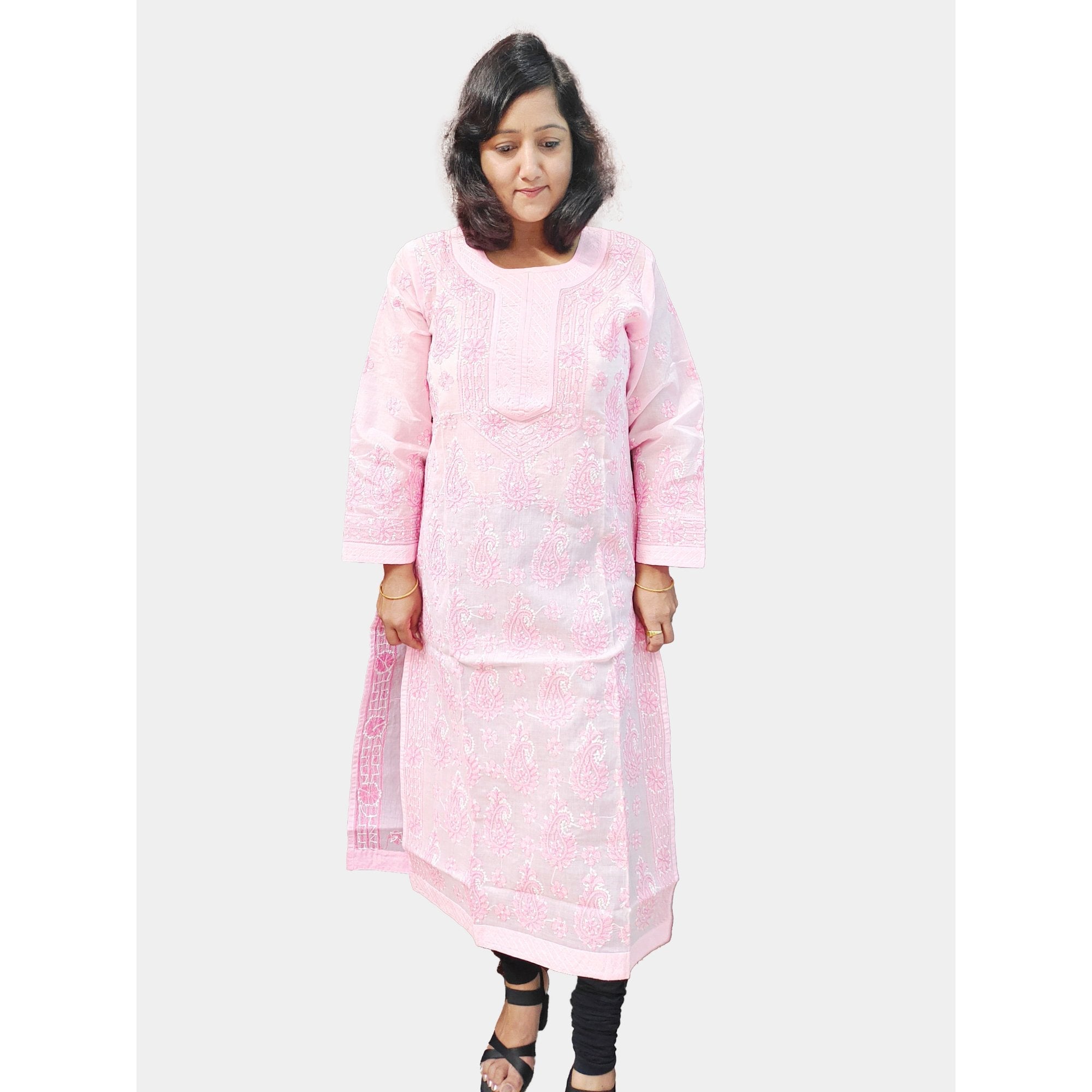 TheHangr Dual Thread Hand Embroided Pink Cotton Lucknowi Chikankari Kurti view 2